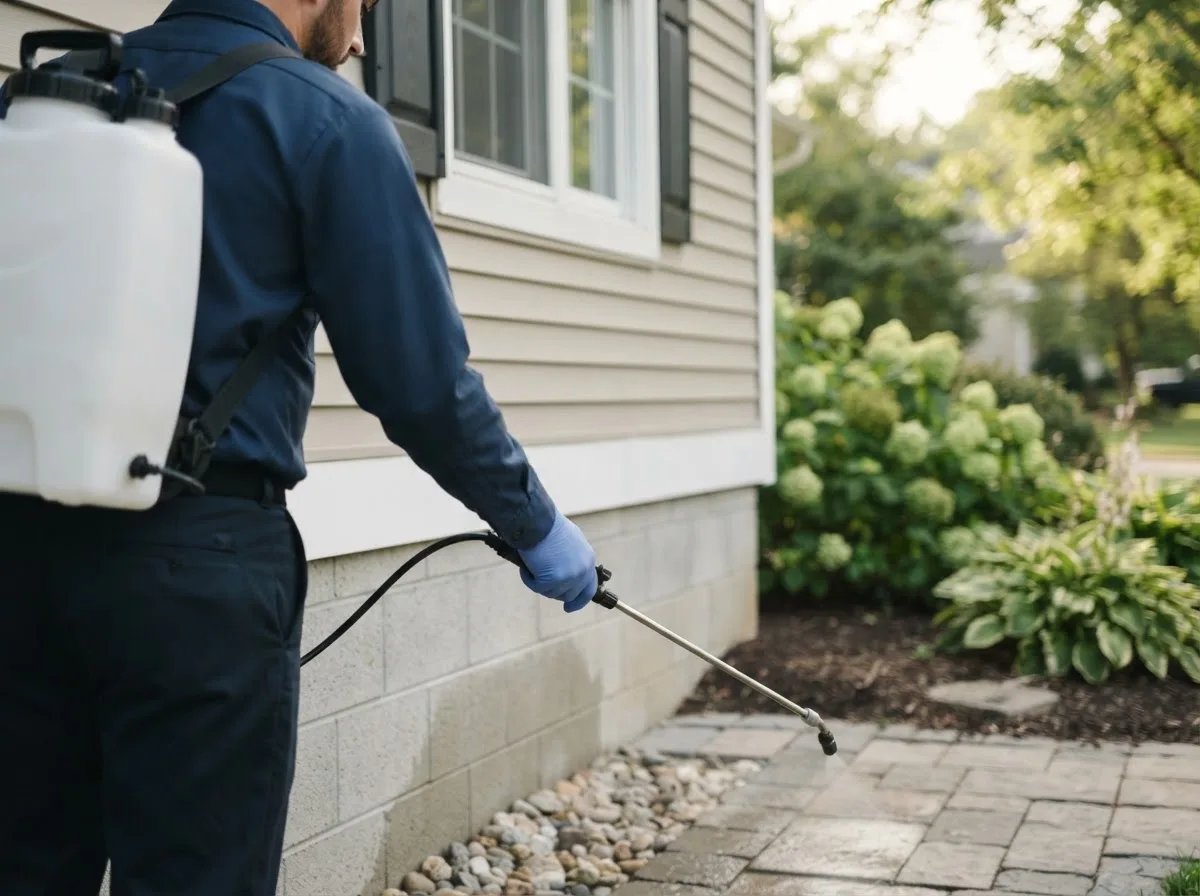 Pest control technician inspecting a home in Goodell, IA
